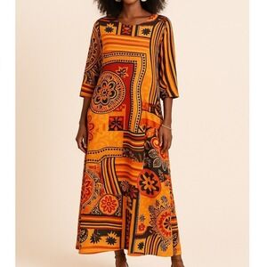Ursimie Print Dress Bohemian Casual 3/4 Sleeve Tunic Dress Orange Red‎ Medium